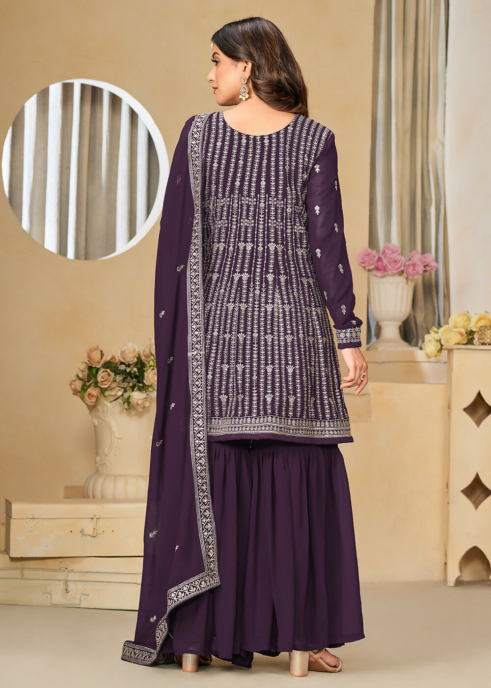 Faux Georgette Purple Embroidered Gharara Style Suit - Emponline | Grocsy