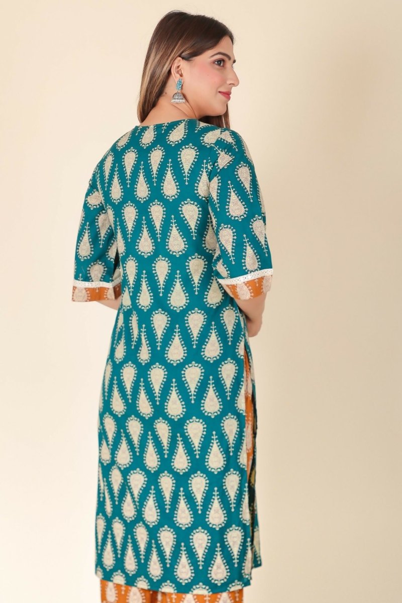 Aramya Turquoise Soft Cotton Floral Straight Kurta for Women | Grocsy