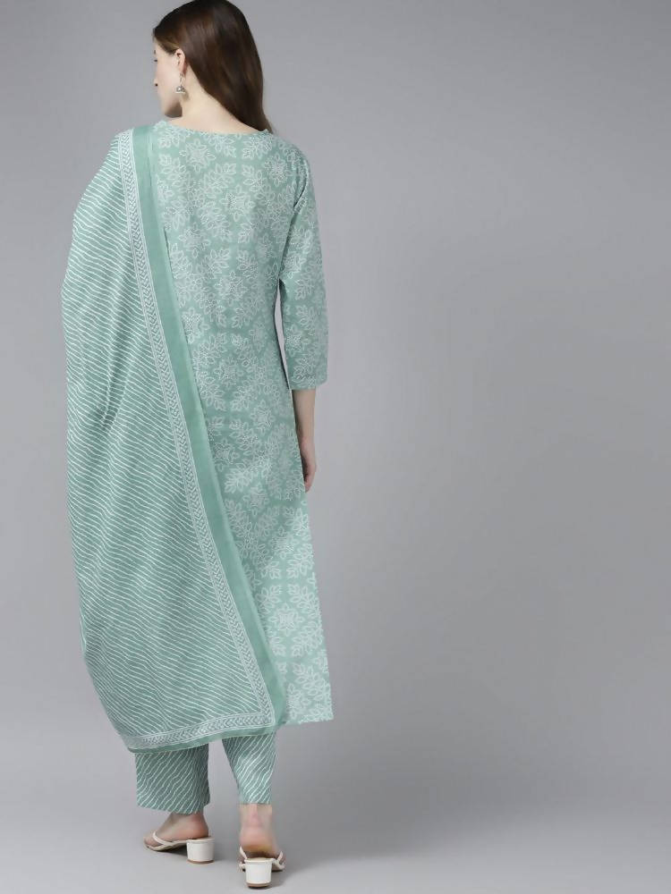 Yufta Women Green Bandhani Print Gotta Patti Pure Cotton Kurta with Palazzo and Dupatta | Grocsy