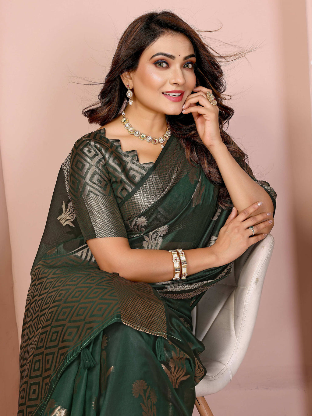 Aastha Fashion Dark Green Soft Organza Silk Weaving Saree | Grocsy
