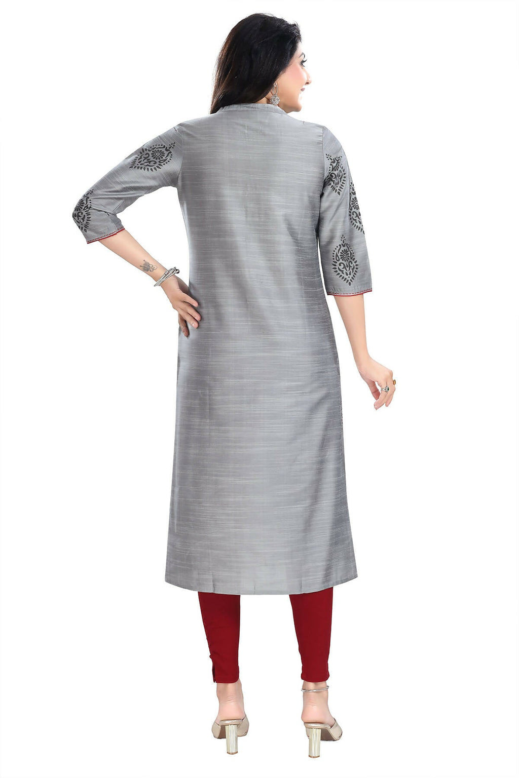 Snehal Creations Grey Raw Silk Block Print Long Kurta For Women | Grocsy