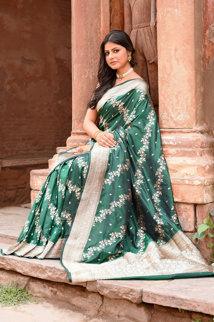 Joban Fashion Emerald Green Banarasi Katan Pure Handloom Banarasi Silk Saree | Grocsy