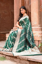 Joban Fashion Emerald Green Banarasi Katan Pure Handloom Banarasi Silk Saree | Grocsy