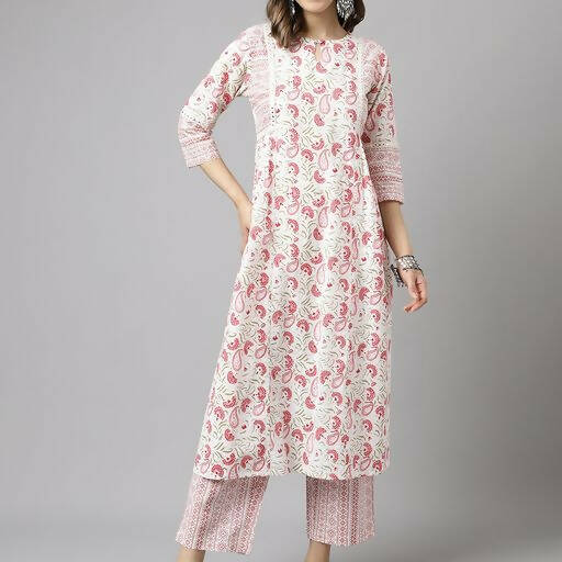 FIORRA Women's White Cotton A-line Kurta with Palazzo | Grocsy