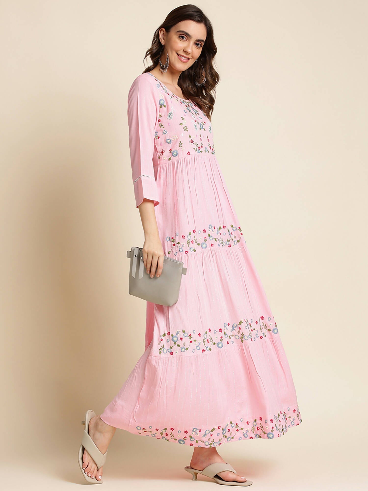 Pink Chinon Floral Embroidered Dress - Nandani | Grocsy