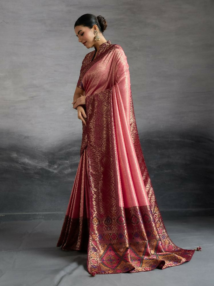 PR Fashion Peach Kanjivaram Soft Silk Kadiyal Pattern Double Zari Woven Patta, Meenakari Woven Pallu Saree | Grocsy