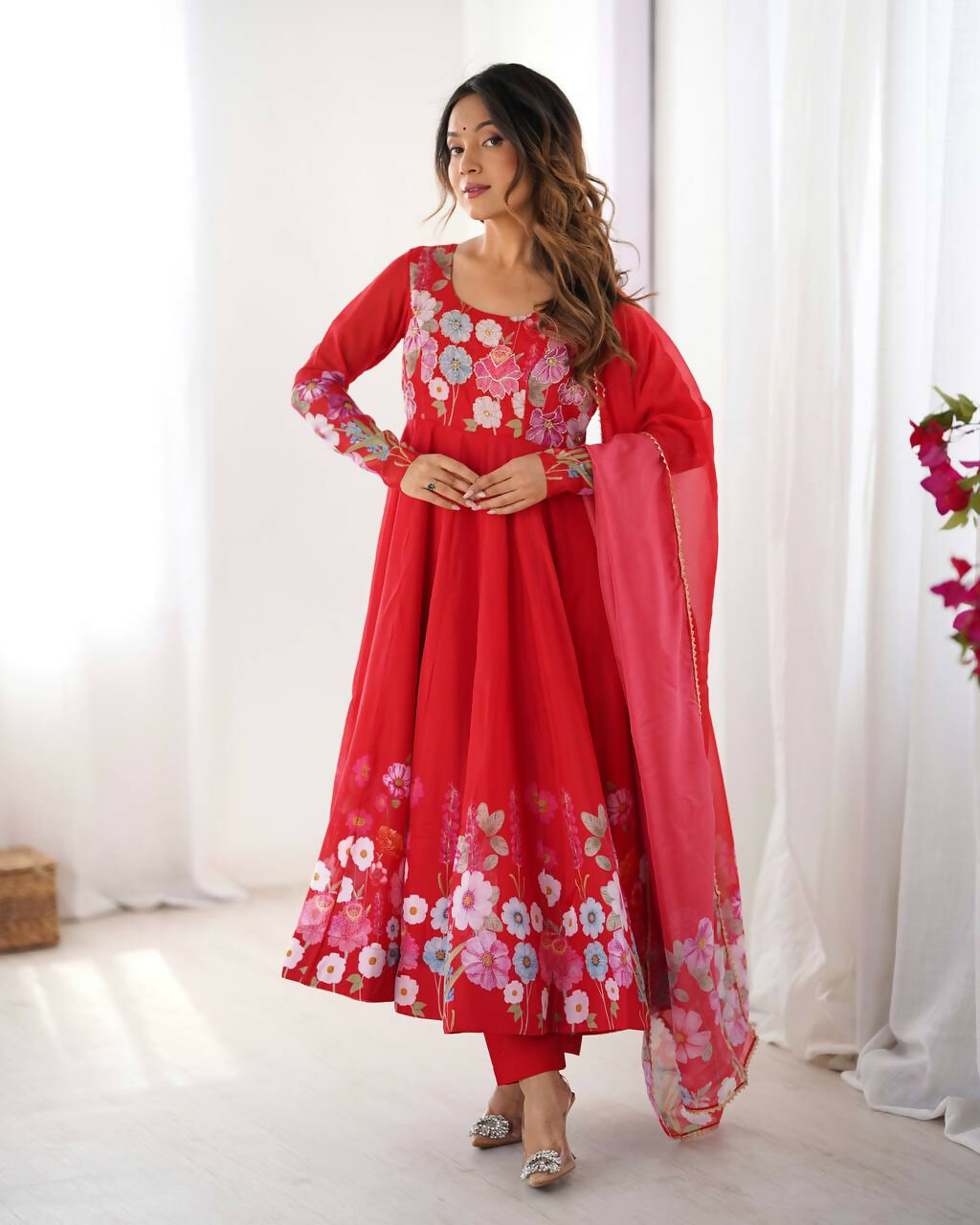 The52 Women's Gorgeous Floral Printed Organza Silk Fabric Flared Anarkali Pant and Dupatta Set | Grocsy
