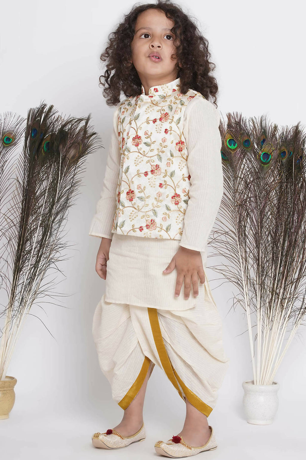 Little Bansi Banarsi Floral Embroidery Jacket Wth Cotton Kantha kurta And Kantha Dhoti - Cream | Grocsy