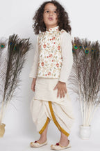 Little Bansi Banarsi Floral Embroidery Jacket Wth Cotton Kantha kurta And Kantha Dhoti - Cream | Grocsy