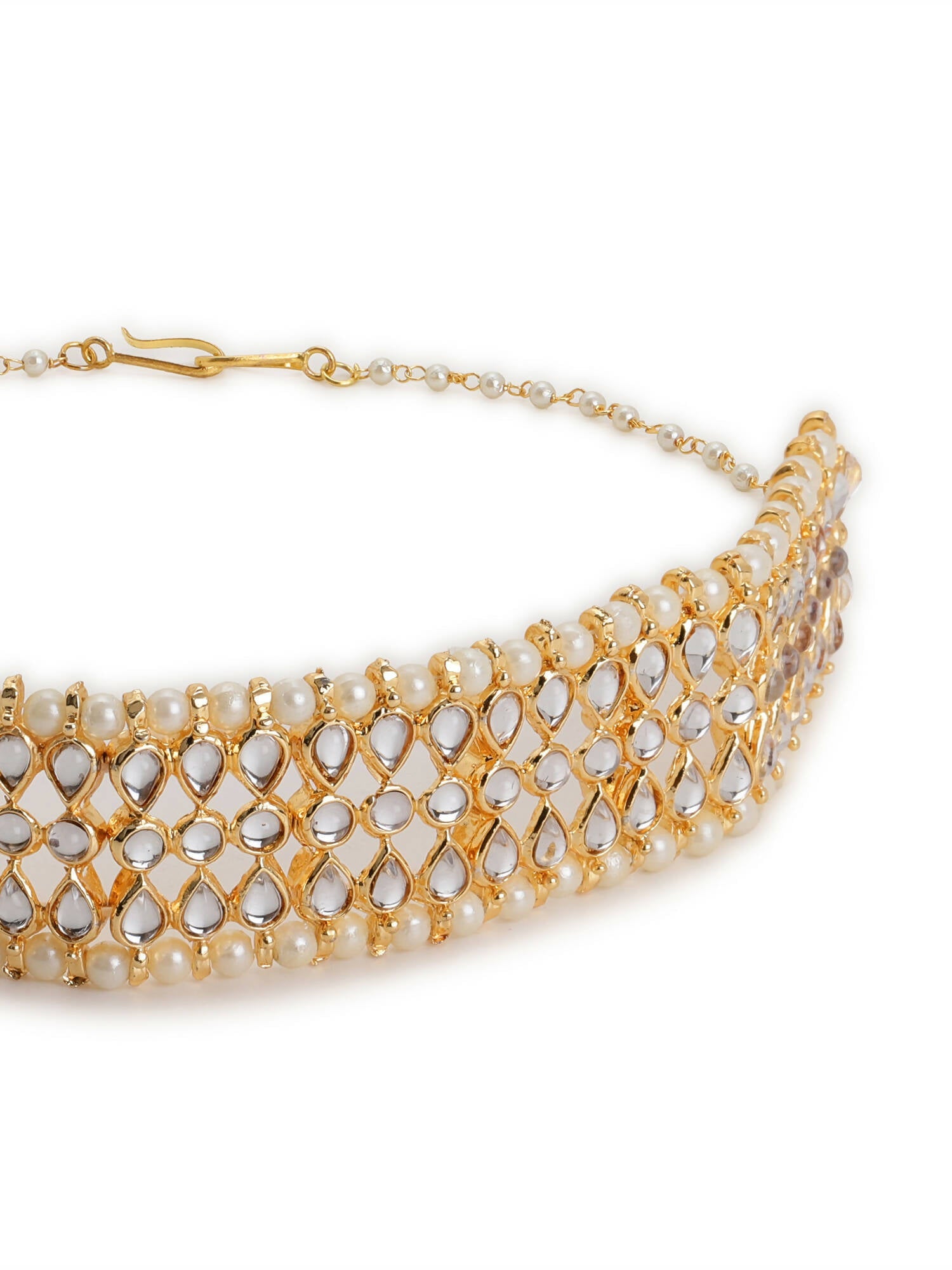 Gold-Polished White Kundan-Studded Pearl Beaded Hair Band - Ruby Raang | Grocsy