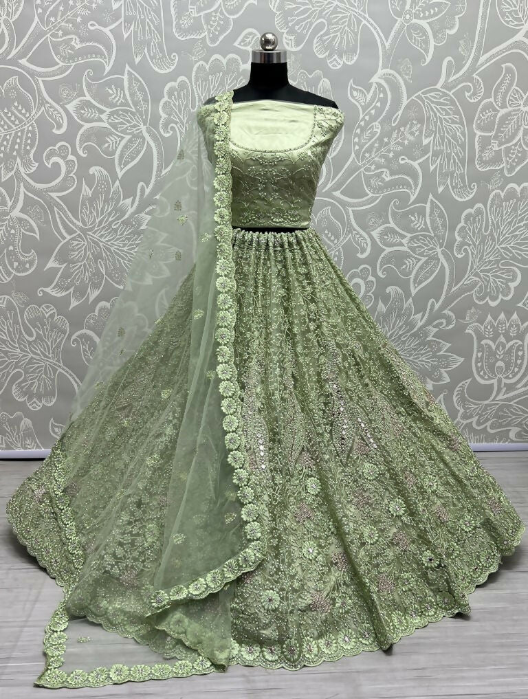Jyoti Fashion Women's Pista Green Bridal Net Fancy Dori, Multi Thread, Hand Mirror and Diamond Work Wedding Lehenga Choli | Grocsy