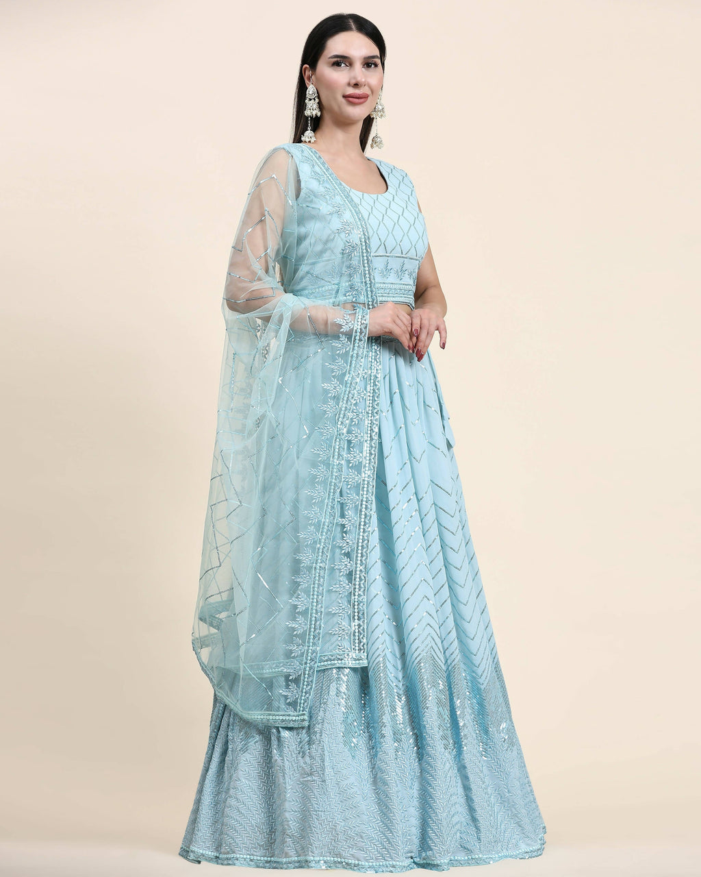 Blue Pure Viscose Georgette Sequence Embroidery work Lehenga Choli with Dupatta - Aakriti | Grocsy