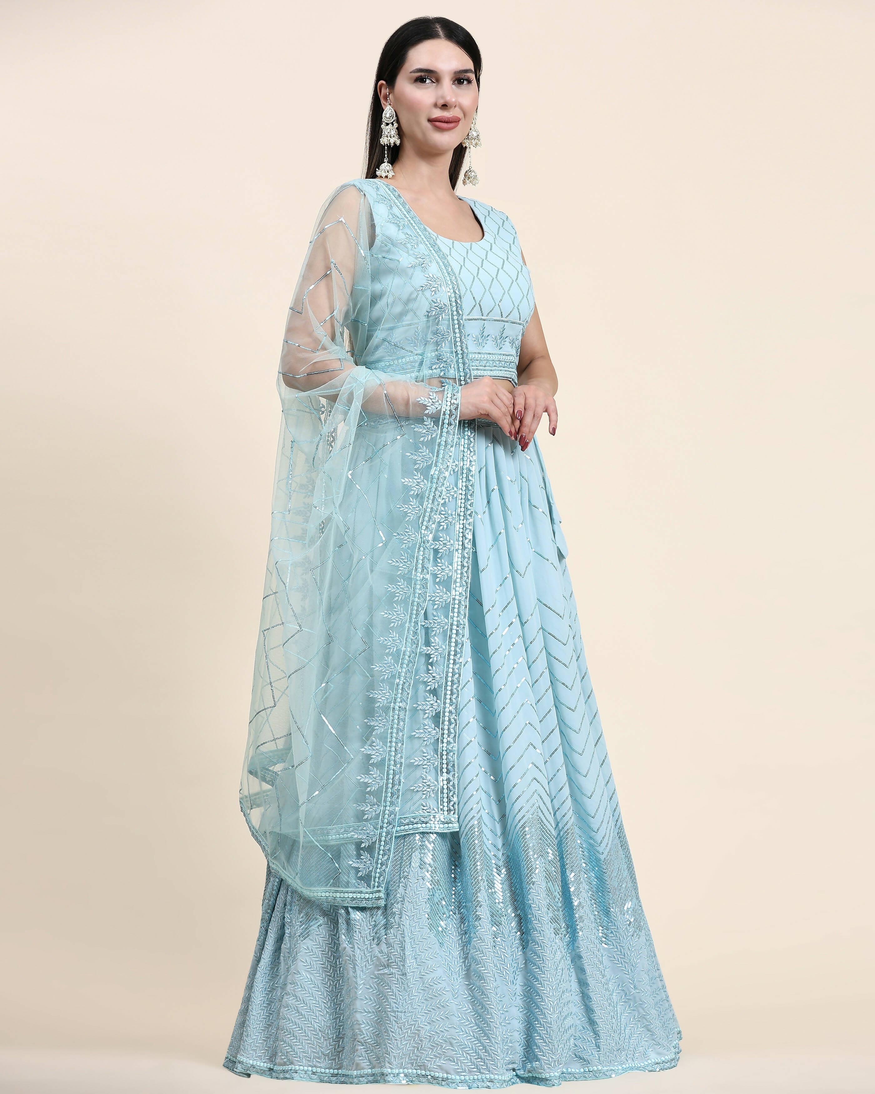 Blue Pure Viscose Georgette Sequence Embroidery work Lehenga Choli with Dupatta - Aakriti | Grocsy