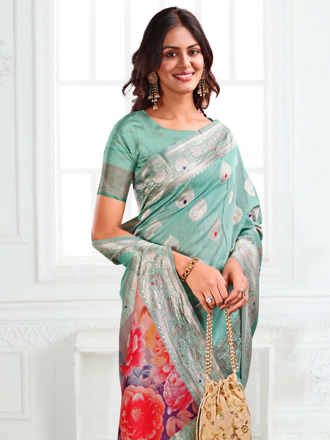 Shree Shyam Fashion Linen Cotton Rama Green Saree | Grocsy