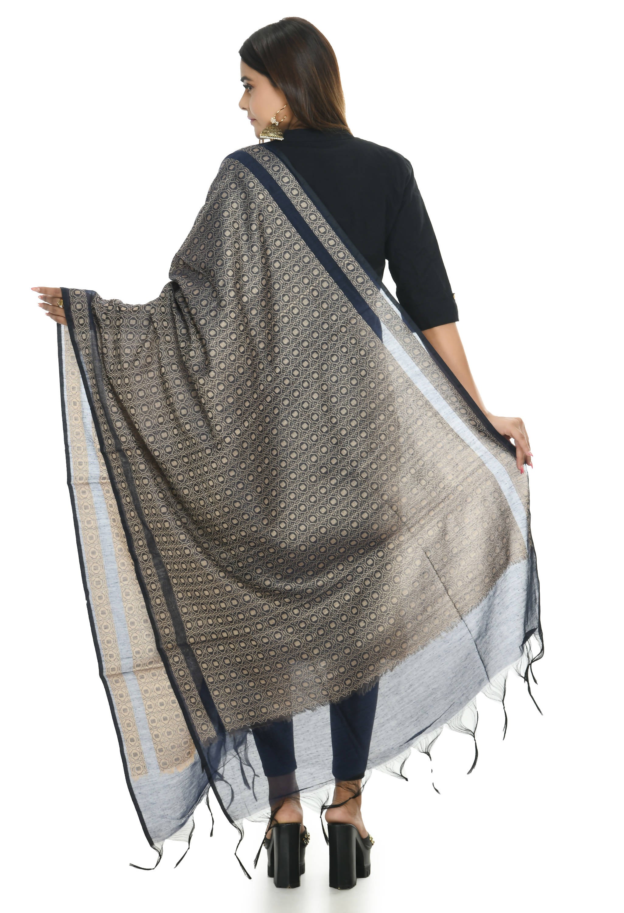 Mominos Fashion Moeza Handloom Cotton Navy Blue Dupatta For Women | Grocsy
