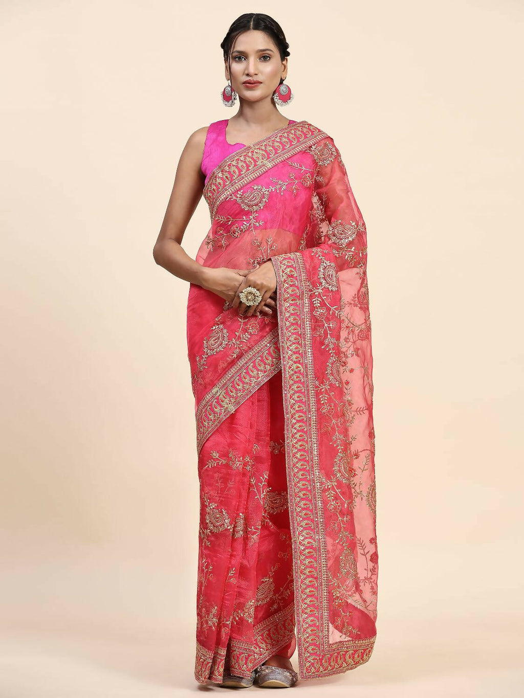 Vamsee Pink Organza Saree | Grocsy
