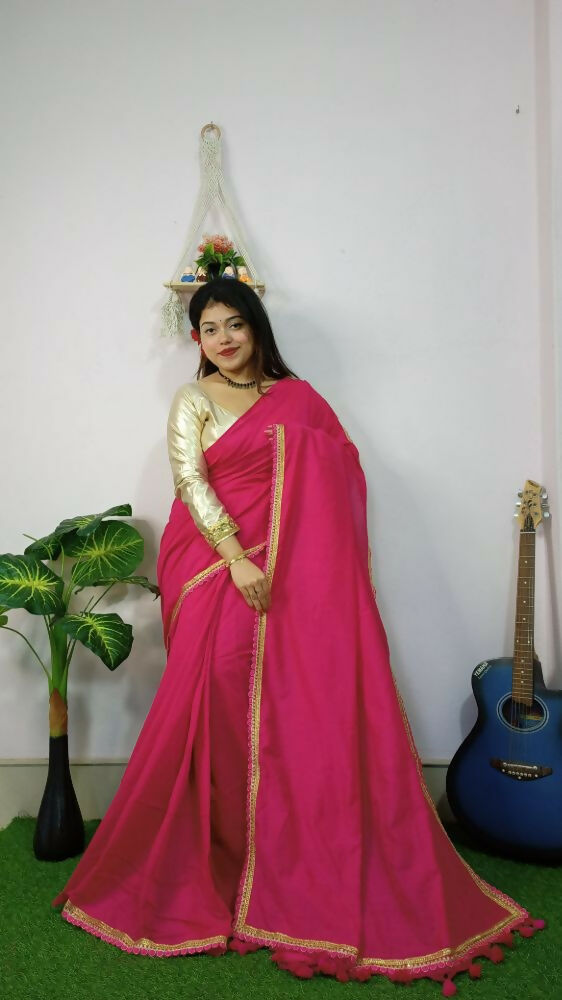 Exclusive Collection Beautiful Khadi Cotton Handloom Saree With Beautiful Zari Border - Pink | Grocsy