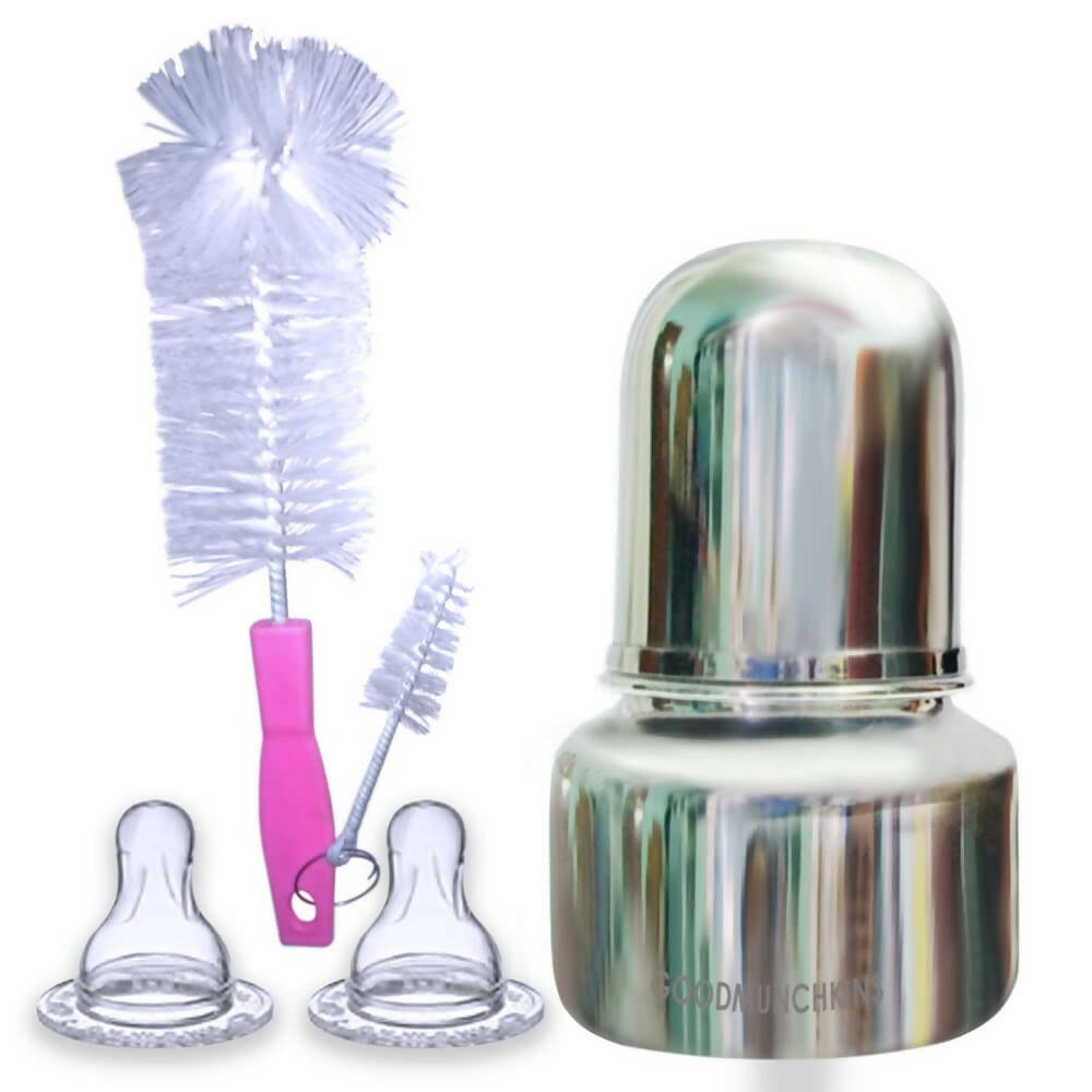 Goodmunchkins Stainless Steel Feeding Bottle with Anti Colic Silicone Nipple/Bottle Cleaning Nylon Brush (75ml, Pink) | Grocsy
