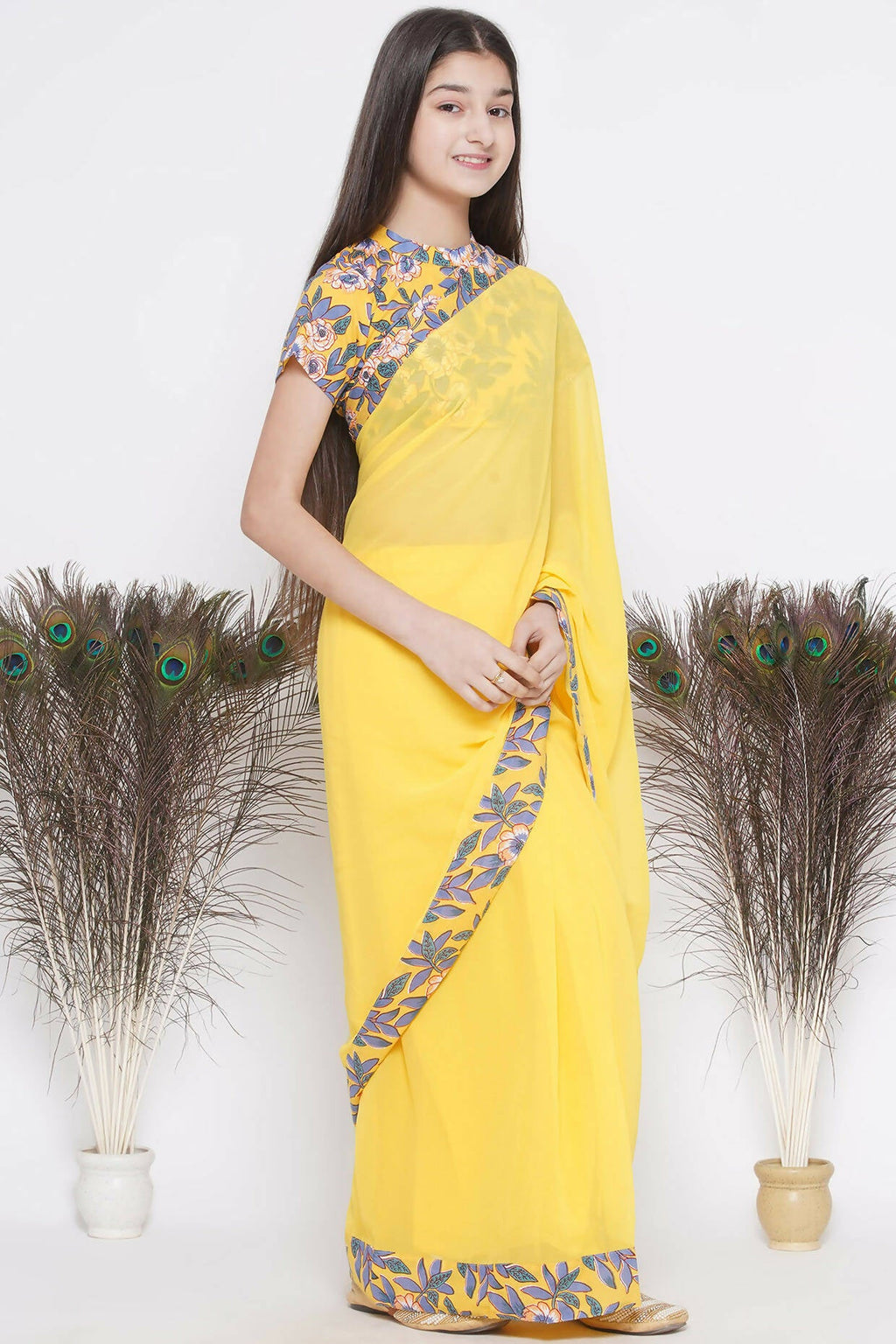 Little Bansi Floral Print Ready To Wear Saree And Floral Blouse - Yellow | Grocsy