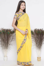 Little Bansi Floral Print Ready To Wear Saree And Floral Blouse - Yellow | Grocsy