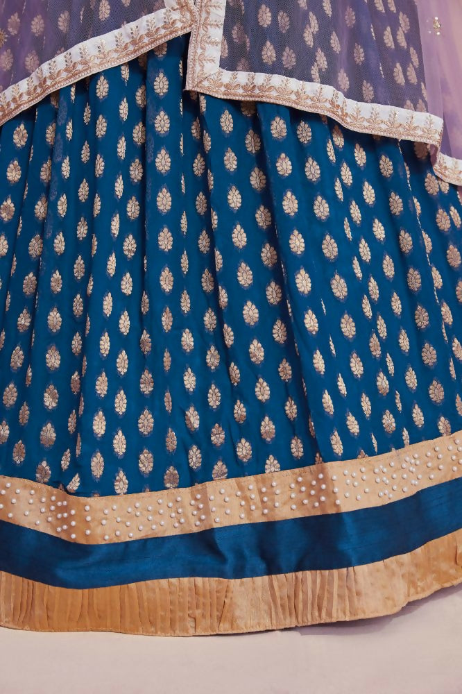 Teal Blue Zari Weaving Work Georgette Banarasi Lehenga Choli - Jihu Culture | Grocsy