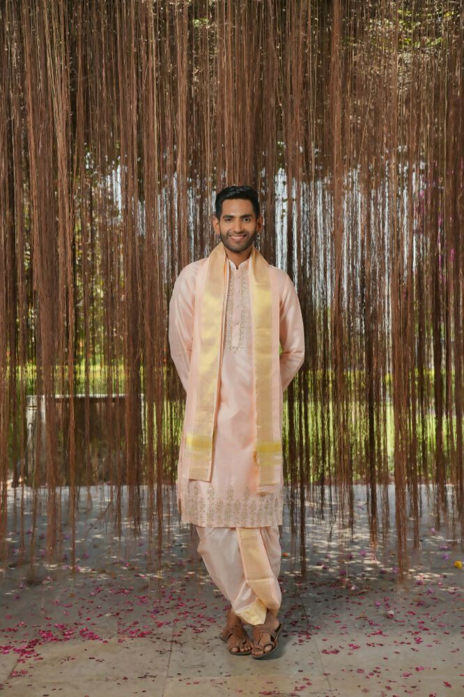 Light Pink Kanjivaram Machine Embroidered Pattu Set by Hilo Design | Grocsy