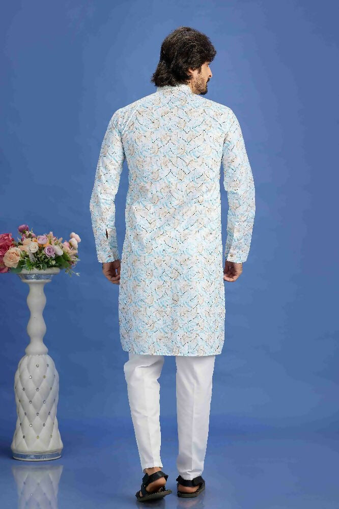 Raivat Ethnic Cotton Embroidery Kurta Pajama In Sky Blue Colour | Grocsy