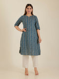 Aramya Blue Soft Cotton Chevron Print A-line Kurta Set for Women | Grocsy