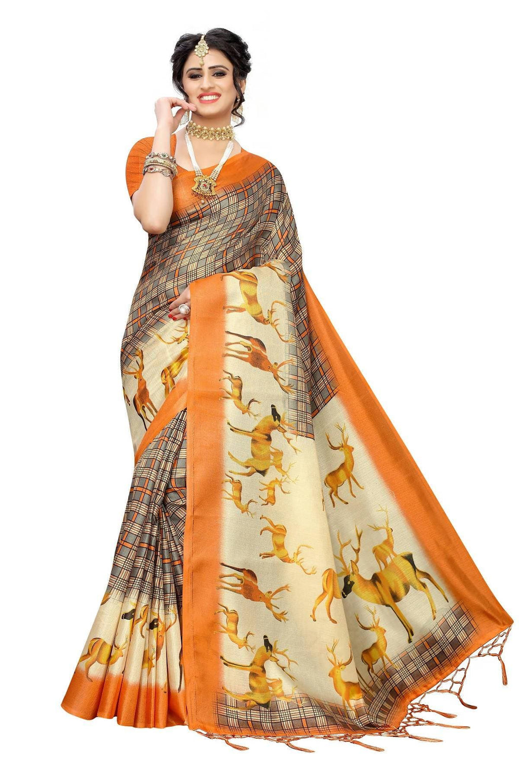 Vamika Multicolor Orange Kalamkari With Jhalar Khadi Silk Saree | Grocsy
