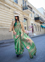 Green Satin Organza Floral Woven Design Saree With Unstitched Blouse Piece - Klay's | Grocsy