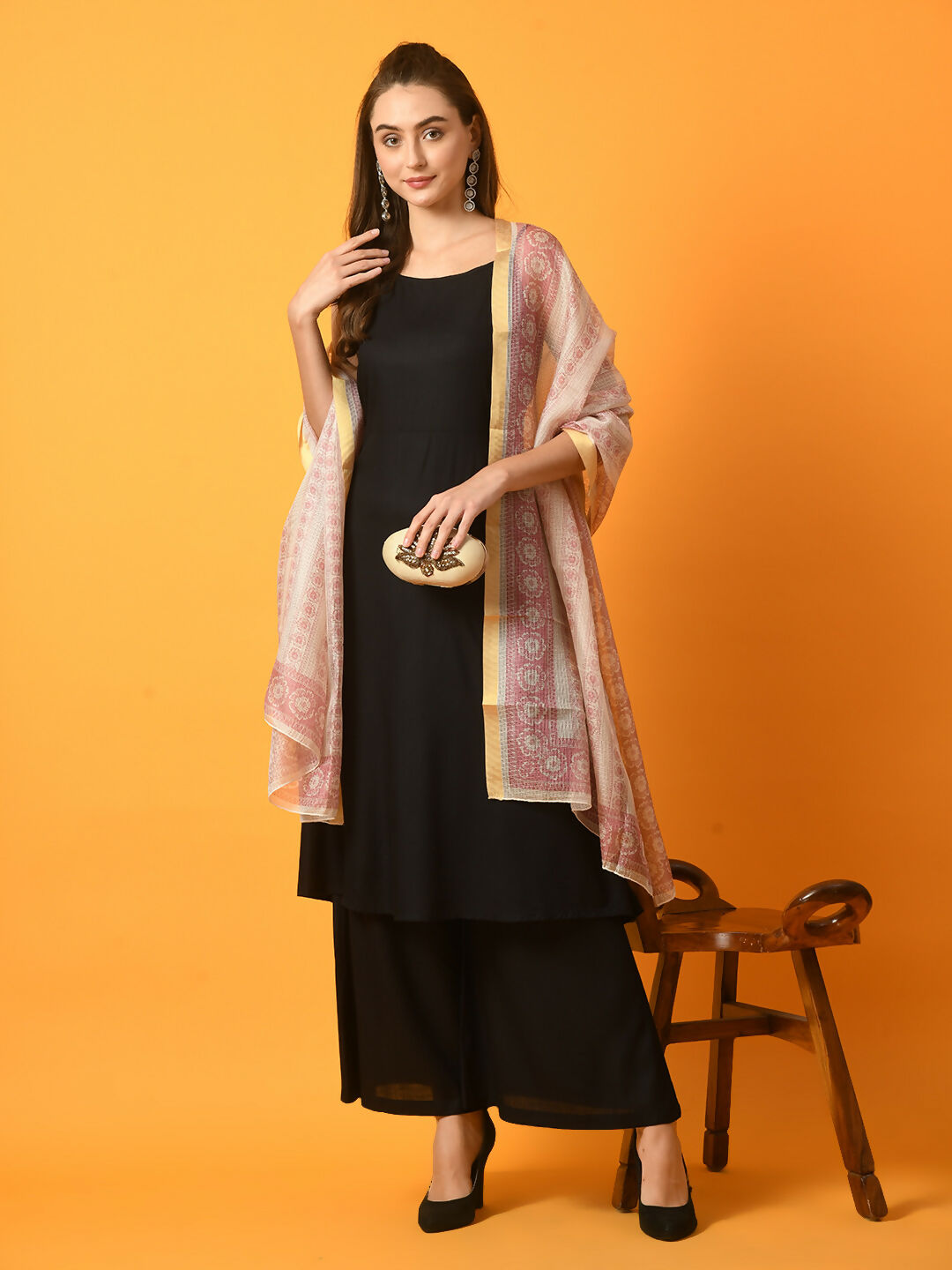 Myshka Women's Black Solid Anarkali Party Kurta Set With Printed Dupatta | Grocsy