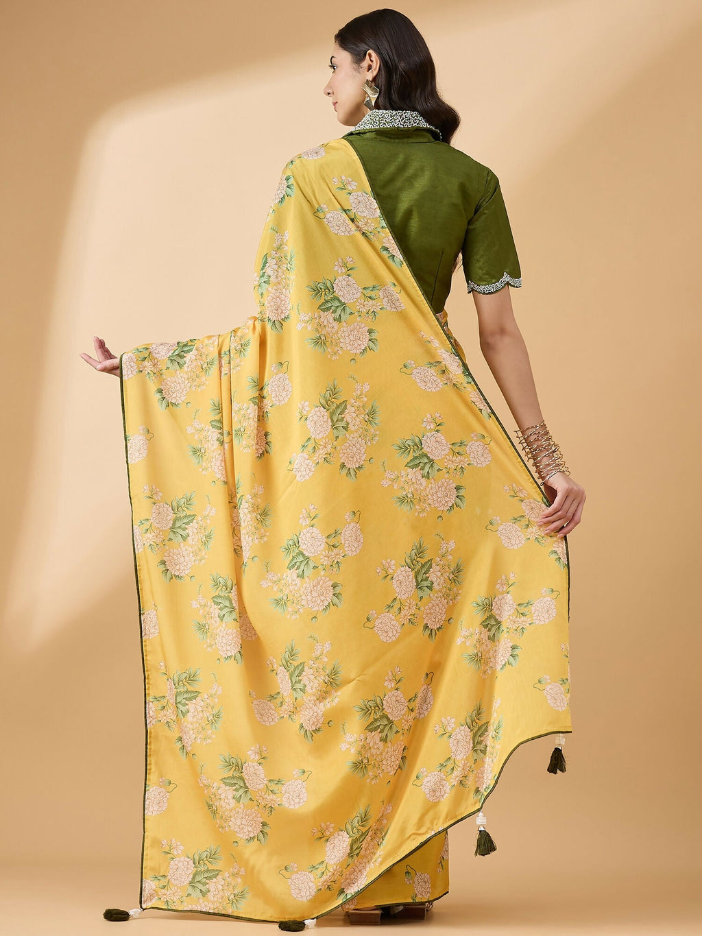 Mustard Chiffon Floral Printed Saree with Stitched Blouse - Dharavi | Grocsy