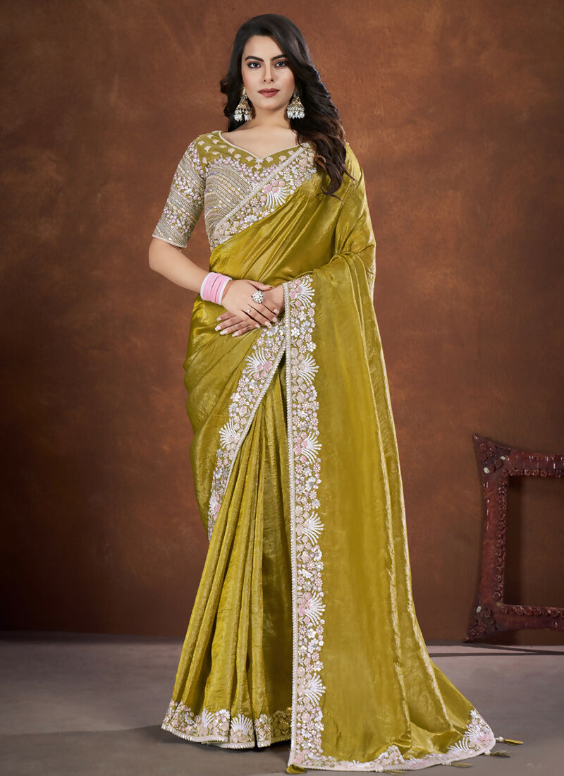 Green Banarsi Crush Silk Embroidered Saree with stitched Blouse - Mohmanthan Saha Saki | Grocsy