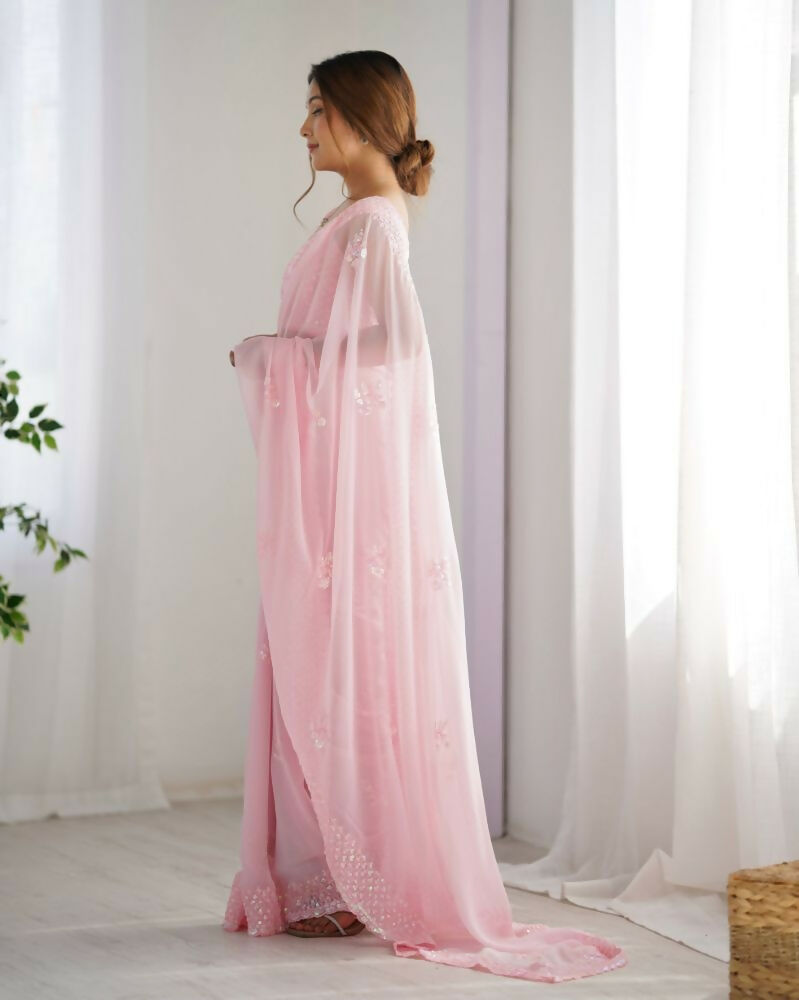 Attractive Looking Georgette Thread, Sequance Embroidery Work Party Wear Saree - Pink | Grocsy