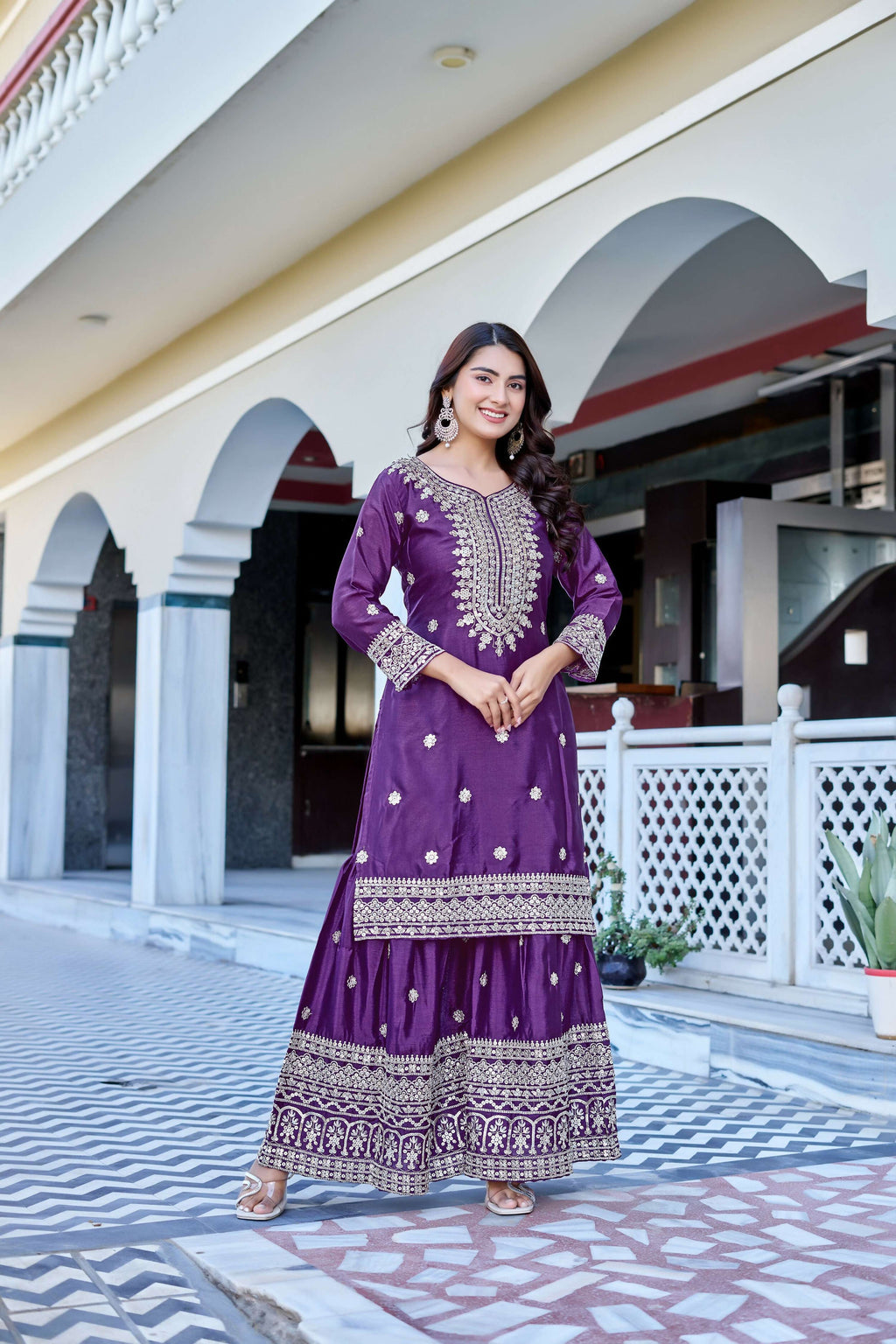 Teeya Creation Wine Color Chinon Silk Heavy Embroidery Work Wedding Wear Sharara | Grocsy