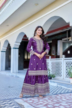 Teeya Creation Wine Color Chinon Silk Heavy Embroidery Work Wedding Wear Sharara | Grocsy
