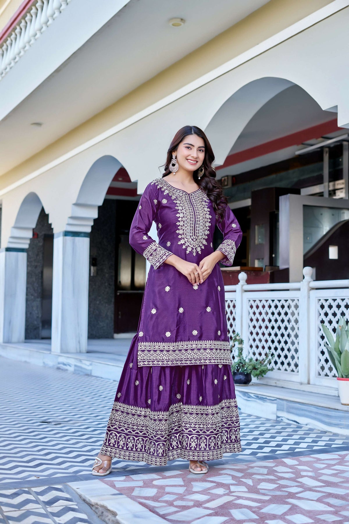 Teeya Creation Wine Color Chinon Silk Heavy Embroidery Work Wedding Wear Sharara | Grocsy