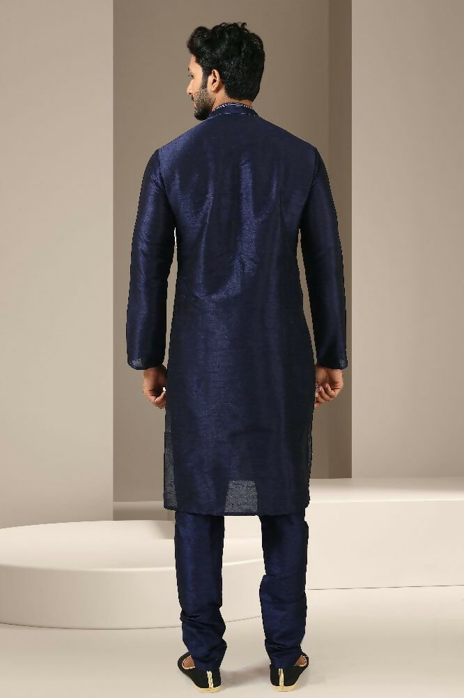 Raivat Ethnic Banarasi Art Silk Mirror Work Kurta Pajama In Navy Blue Colour | Grocsy