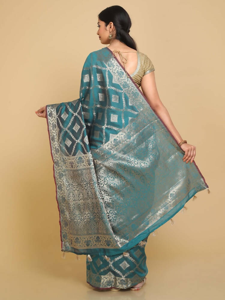 Kalamandir Checked Dark Blue Silk Blend Saree | Grocsy