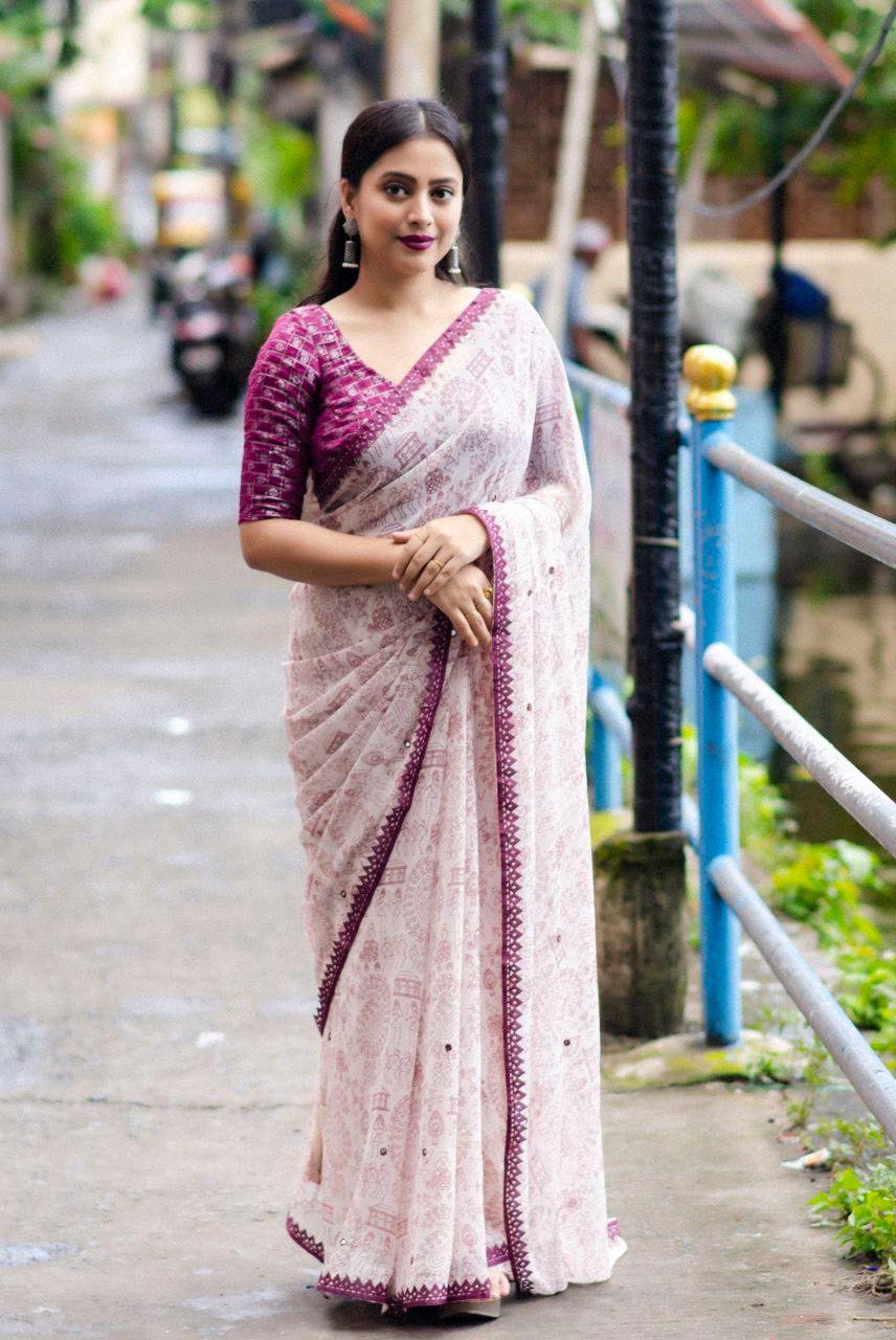 Purple Pure Georgette Warli Saree with Unstitched Blouse - A2M | Grocsy