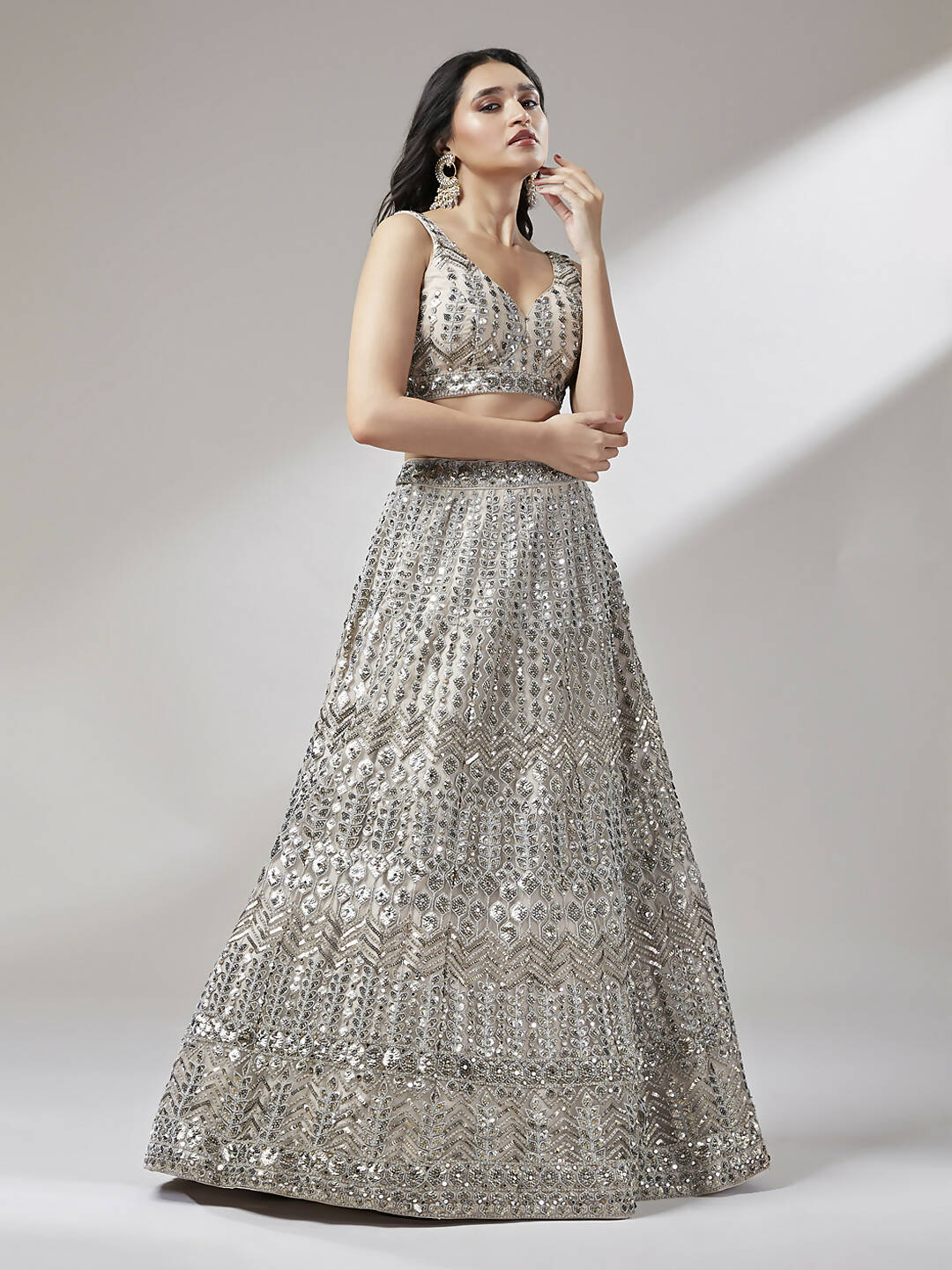 House of Panchhi Beige - Net Mirror & Sequins Embroiderey Lehenga choli | Grocsy