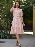 Juniper Women's Pink Cotton Printed Embroidered Flared Dress | Grocsy