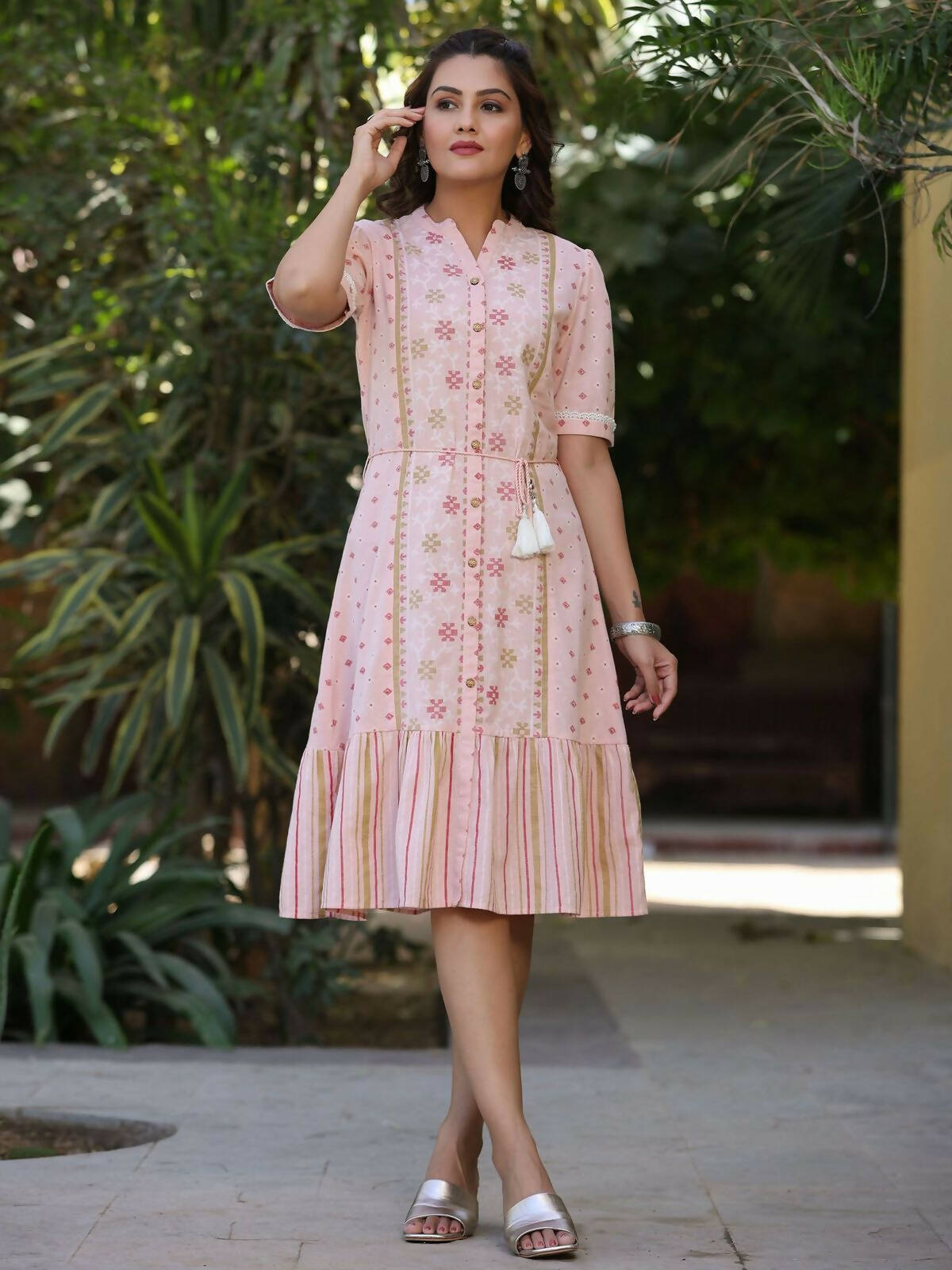 Juniper Women's Pink Cotton Printed Embroidered Flared Dress | Grocsy