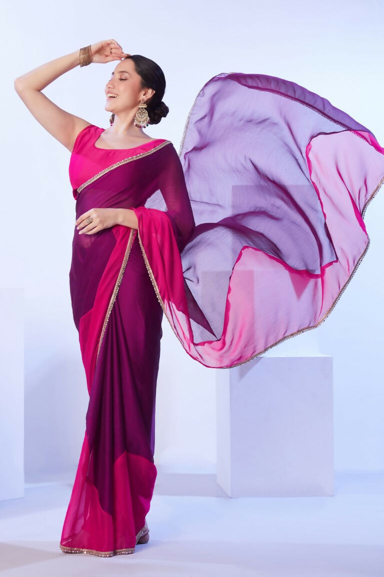 Purple Satin Moss Solid Designer & Lace Work Saree - Samaa | Grocsy