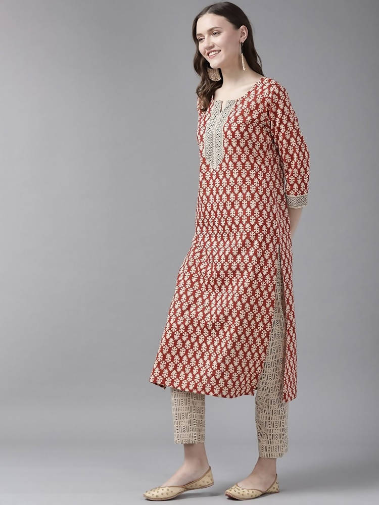 Yufta Women Rust Red and Beige Print Pure Cotton Kurta with Trouser and Dupatta | Grocsy
