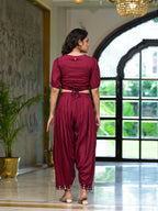 Juniper Women's Rust Thread Embroidered Rayon Top & Dhoti Pant Set | Grocsy