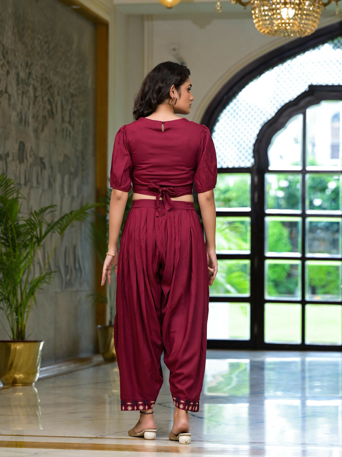 Juniper Women's Rust Thread Embroidered Rayon Top & Dhoti Pant Set | Grocsy