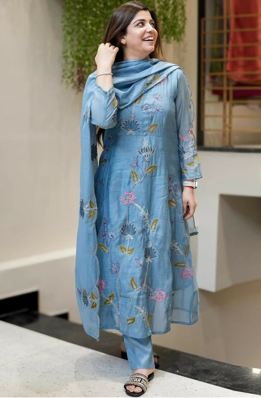 The52 Blue Women's Beautiful Cotton Fabric Thread Work Straight Kurta, Pant and Dupatta Set | Grocsy