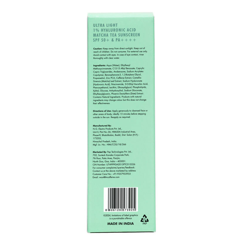 mCaffeine Sun Fix Ultra Light 1% Hyaluronic Acid Matcha Tea Sunscreen SPF 50+ PA++++ | Grocsy