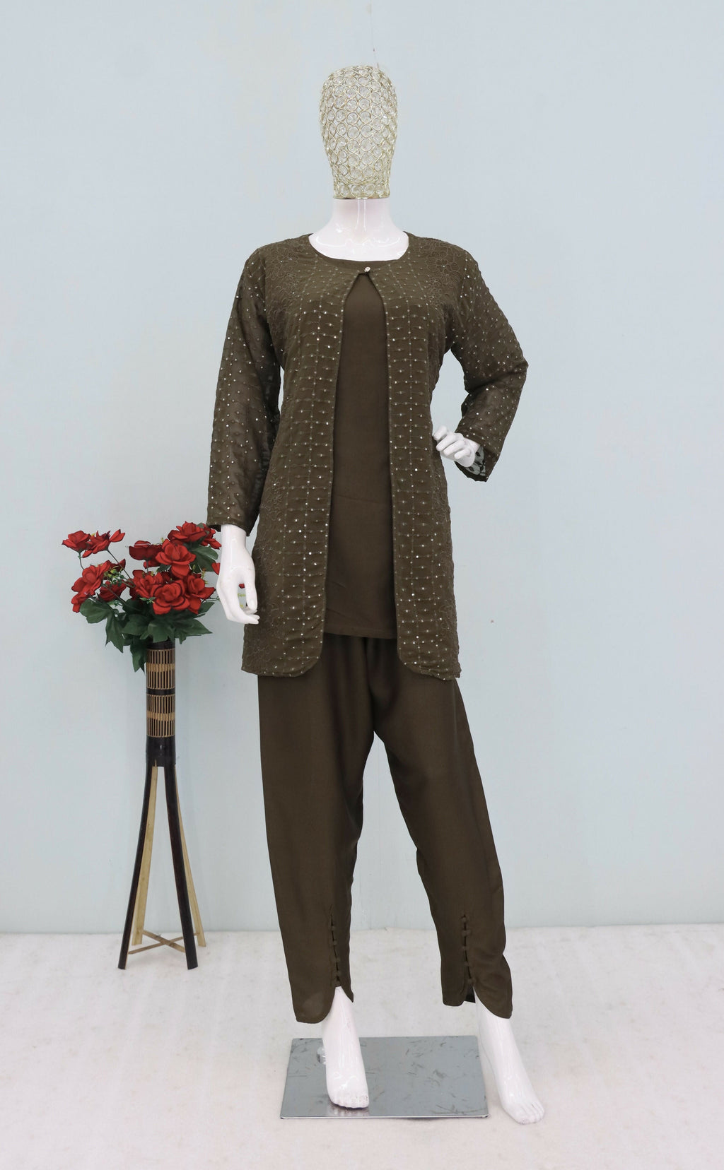 Teeya Creation Mehendi Color Faux Georgette Party Wear Designer Co Ord Set | Grocsy